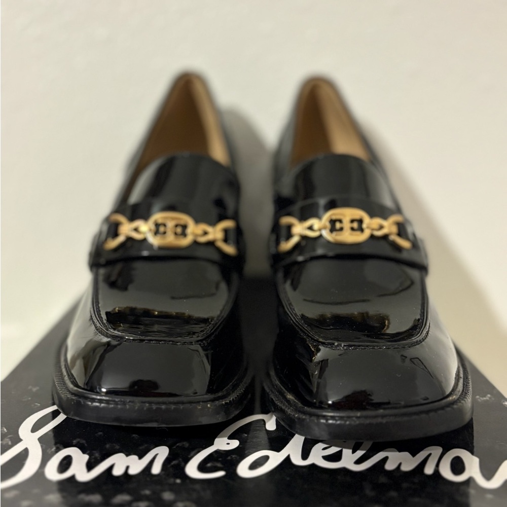 Sam Edelman Black Patent Loafers with Gold Accent